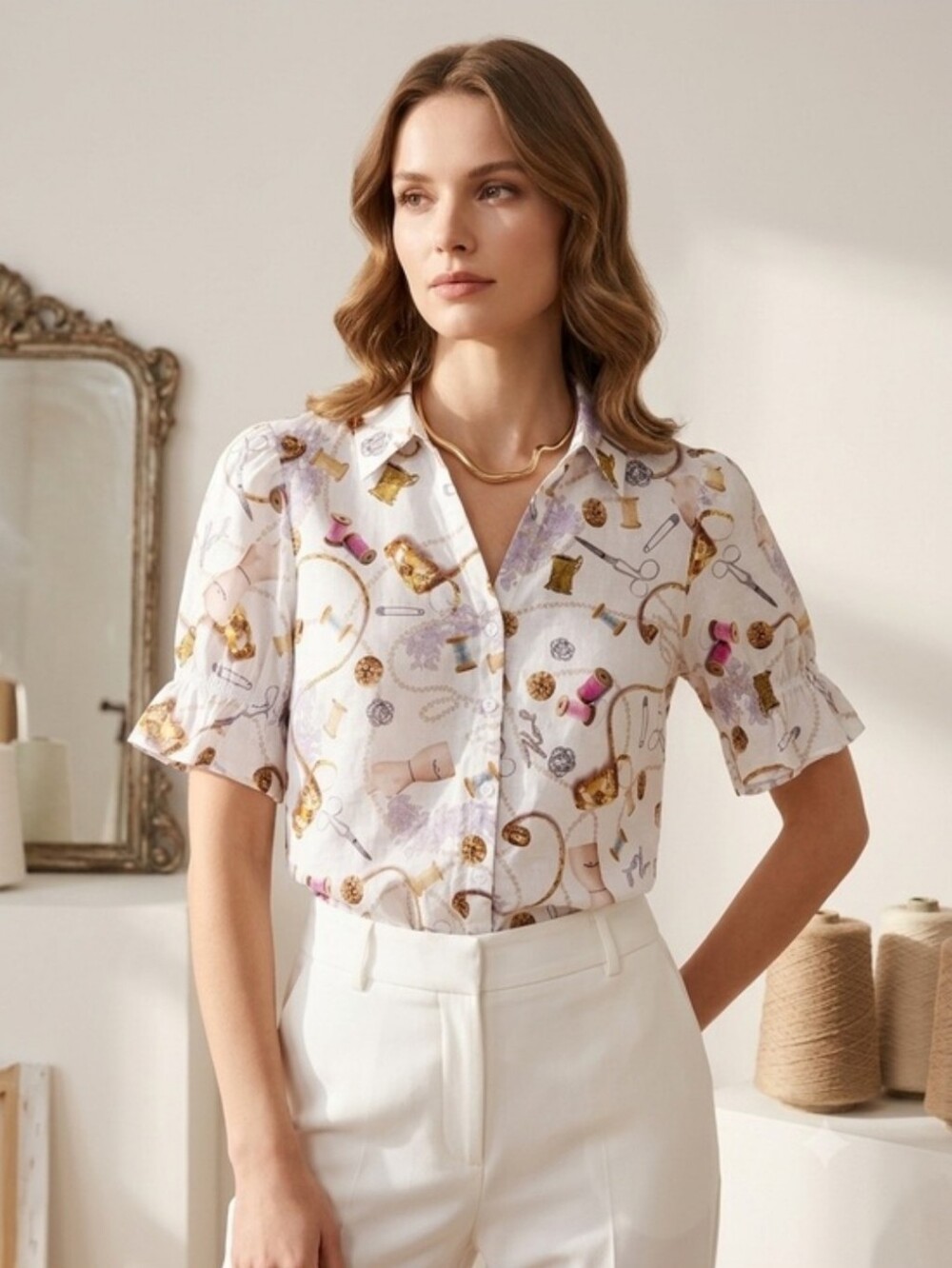 NWT Sewing Themed White Multicolor Printed Button-Up Blouse M